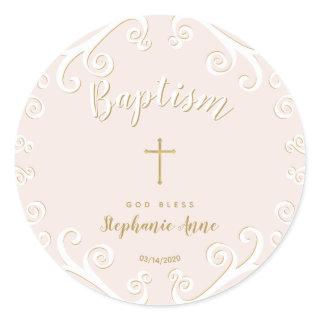 Baptism Scrolls in Pink and Gold Classic Round Sticker