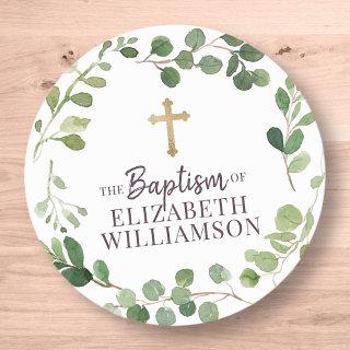 Baptism Watercolor Foliage Botanical Cross Photo Classic Round Sticker