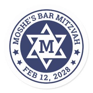 Bar mitzvah Star of David blue any color monogram Classic Round Sticker