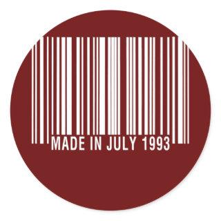 Barcode Made or Born in July 1993 Birthday in Classic Round Sticker