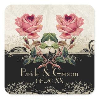 Baroque Style Vintage Rose Black n Cream Lace Square Sticker