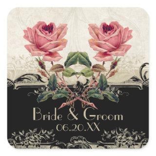 Baroque Style Vintage Rose Black n Cream Lace Square Sticker