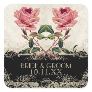 Baroque Style Vintage Rose Black n Cream Lace Square Sticker