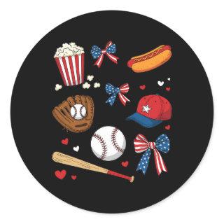 Baseball 4th Of July Coquette Bow Women Girls Base Classic Round Sticker