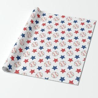 Baseball and Stars Red White and Blue Pattern