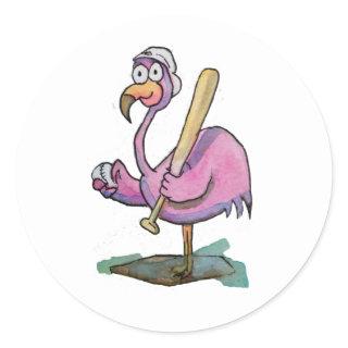 Baseball Pink Flamingo Whimsical Watercolor Classic Round Sticker