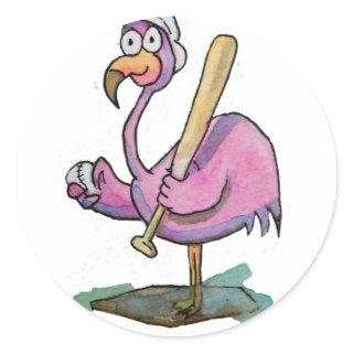 Baseball Pink Flamingo Whimsical Watercolor Classic Round Sticker