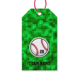 Baseball Team Number Name Pixilated Green Grass Gift Tags