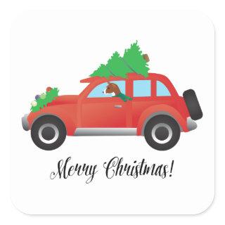Basenji Dog Driving a  Red Car with Christmas Tree Square Sticker