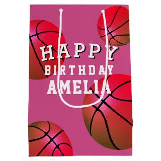 Basketball Ball Sports Kids Happy Birthday Pink Medium Gift Bag