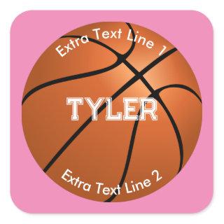Basketball, White Name, 2 Text Lines, Pink Square Sticker