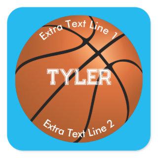 Basketball, White Name, 2 Text Lines, Sky Blue Square Sticker