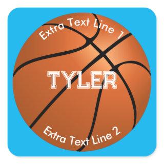 Basketball, White Name, 2 Text Lines, Sky Blue Square Sticker