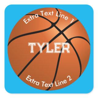 Basketball, White Name, 2 Text Lines, Sky Blue Square Sticker