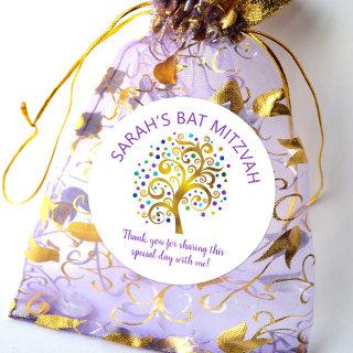 Bat Mitzvah Gold Foil Tree Life, Purple Typography Classic Round Sticker