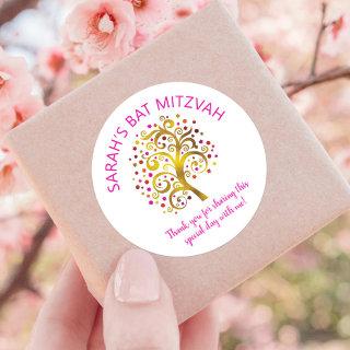 Bat Mitzvah Gold Foil Tree of Life Pink Typography Classic Round Sticker