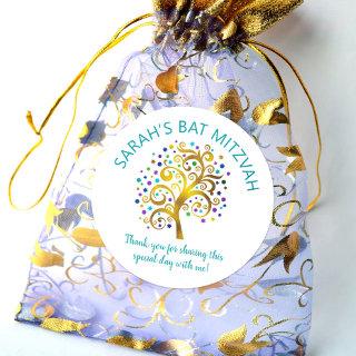 Bat Mitzvah Gold Foil Tree of Life Turquoise Type Classic Round Sticker