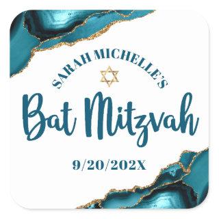 Bat Mitzvah Modern Turquoise Gold Agate Script Square Sticker