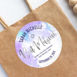Bat Mitzvah Purple Watercolor Silver Foil Script Classic Round Sticker