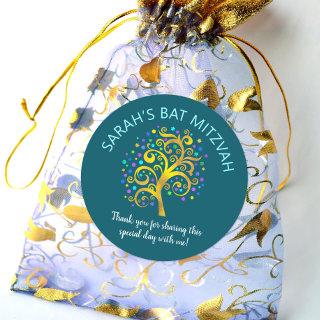 Bat Mitzvah Teal Blue Gold Foil Tree of Life Chic Classic Round Sticker