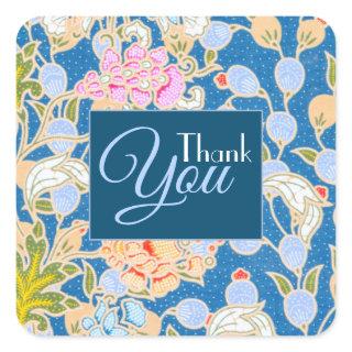 Batik Style Flowers Blue Background Thank You  Square Sticker