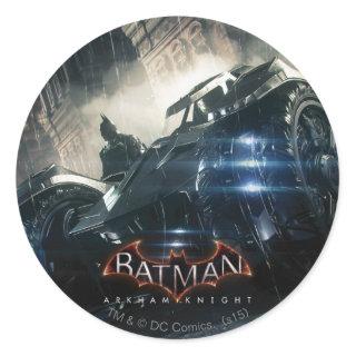 Batman With Batmobile In The Rain Classic Round Sticker