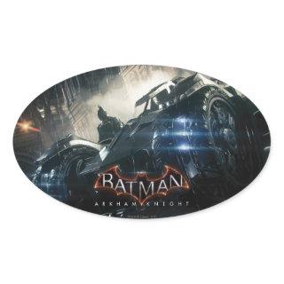 Batman With Batmobile In The Rain Oval Sticker
