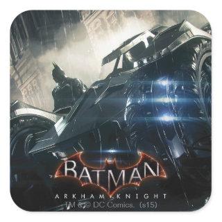 Batman With Batmobile In The Rain Square Sticker
