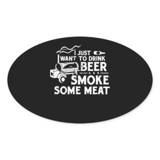 BBQ Smoking Pitmaster Gift Drink Beer Smoke Meat Oval Sticker