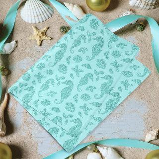 Beach Christmas Seahorse Pattern Aqua Glitter  Tissue Paper