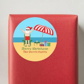 Beach Christmas Summer Santa Claus Custom Party Classic Round Sticker