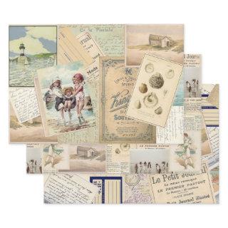 Beach Collage French Vintage Seaside Postcard  Sheets