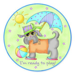 Beach Dog Whimsy Art Green Blue Classic Round Sticker