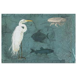 Beach Nautical Ocean Map Watercolor Heron Fish Art Tissue Paper