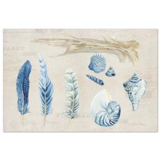 Beach Ocean Sea Shells Feathers Blue Decoupage Tissue Paper