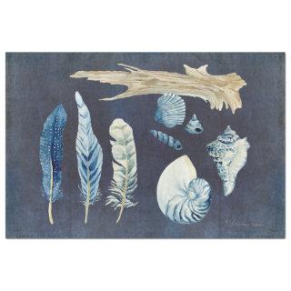 Beach Ocean Shells Feathers Navy Blue Decoupage Tissue Paper