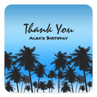 Beach Palm Trees Black & Blue Birthday Party Square Sticker