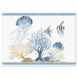 Beach Sea Life Coral Crab Jelly Fish Blue n White Tissue Paper
