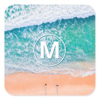 Beach Waves, White Monogram in Circle Square Sticker