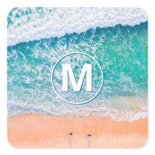 Beach Waves, White Monogram in Circle Square Sticker