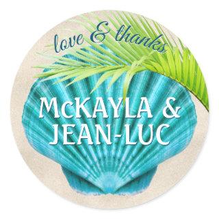 Beach Wedding Favor Love & Thanks Shell Palm Leaf Classic Round Sticker