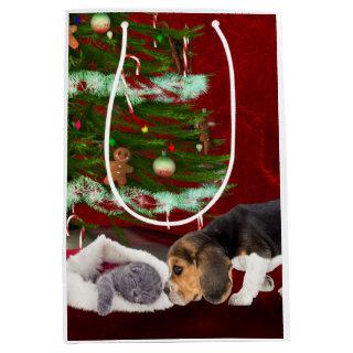 Beagle and naughty kitty Christmas Medium Gift Bag