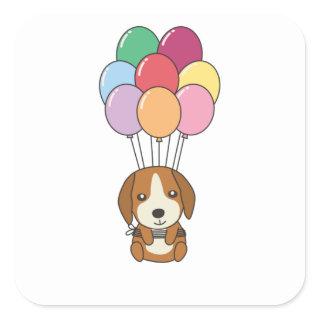 Beagle Dog Flies With Colorful Balloons Square Sticker