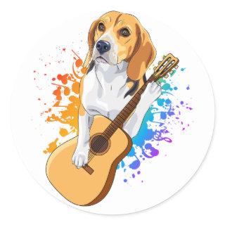 Beagle Dog Playing Acoustic Guitar Classic Round Sticker