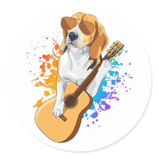 Beagle Dog Wearing Sunglasses Playing Guitar Classic Round Sticker