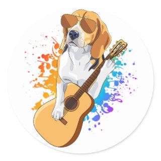 Beagle Dog Wearing Sunglasses Playing Guitar Classic Round Sticker