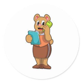 Bear as Secretary at Call with Phone Classic Round Sticker