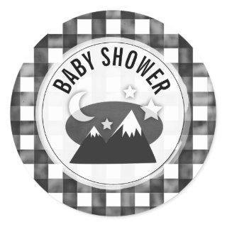 Bear Black And White Gingham Mountains Baby Shower Classic Round Sticker