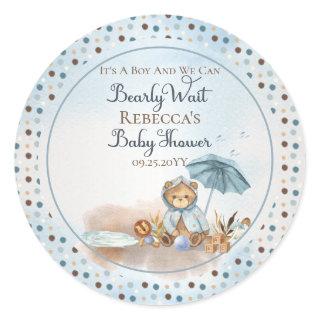 Bear | Blue Umbrella Bearly Wait Boy Baby Shower   Classic Round Sticker