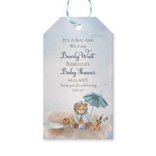 Bear | Blue Umbrella Bearly Wait Boy Baby Shower  Gift Tags